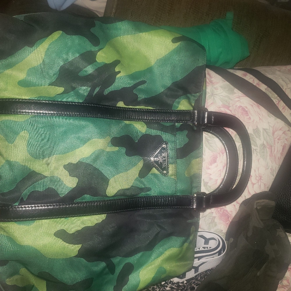 Prada Green Camo Nylon Crossbody Tote with Black Leather Trim
